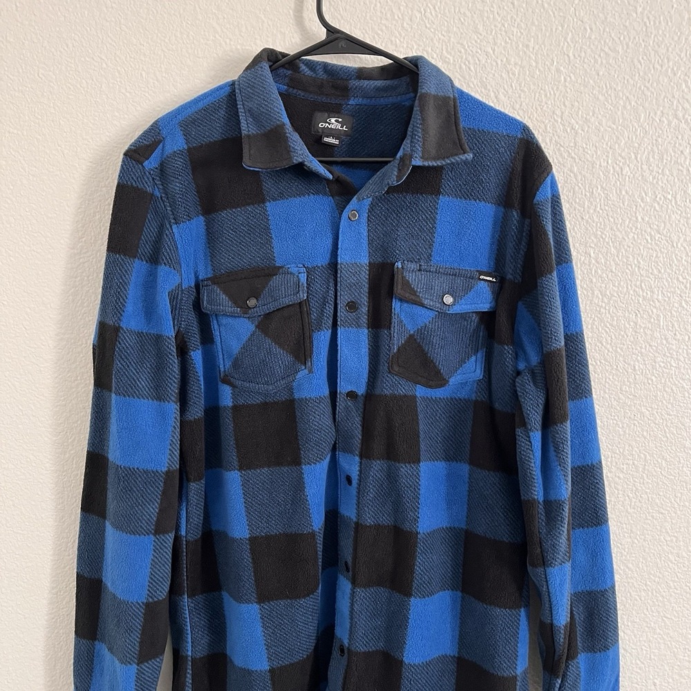 O'Neill Men's Large Button Shirt Flannel Plaid Skater Black Blue Snap Button - Picture 2 of 6